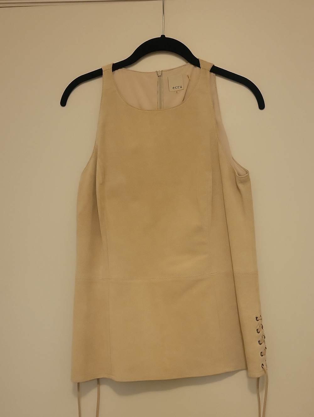 ecru Sleeveless Cream Mini Top  with Side Lace-Up In Suede